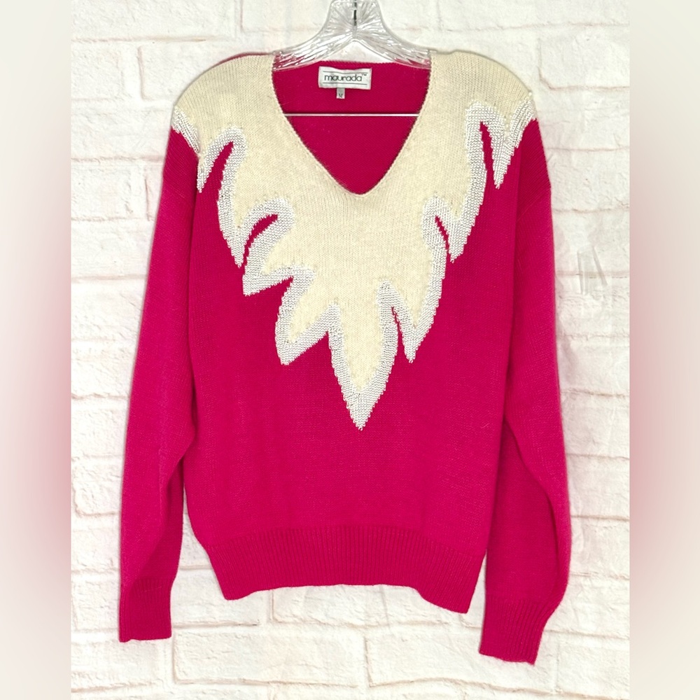 Maurada Fuchsia V-Neck Sweater with Cream Accents